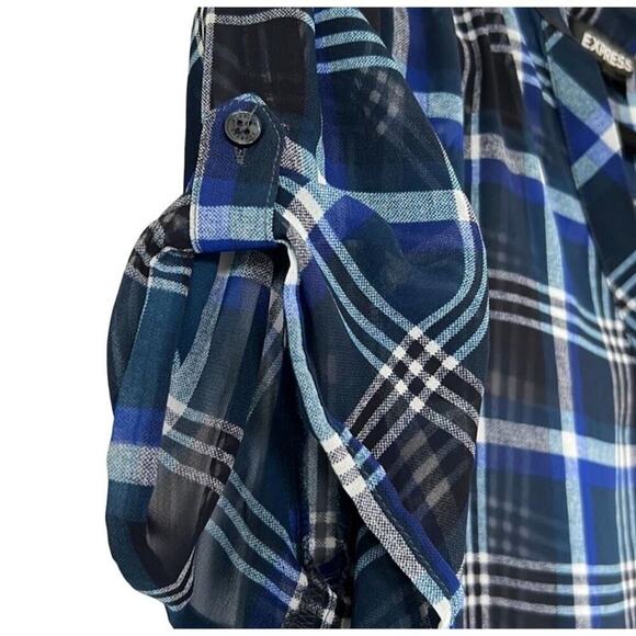 Express Navy Black and White Chiffon Plaid Sheer Top Size Small - Picture 7 of 10